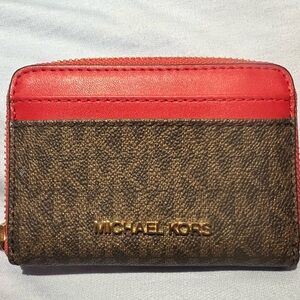 Michael Kors Red and Brown Zip Wallet